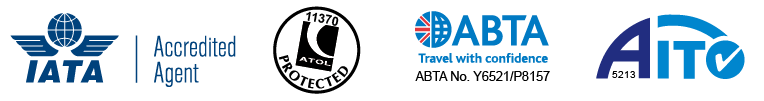 IATA Accredited Agent, ATOL Protected, ABTA No. Y6521/P8157, and AITO 5213 membership logos